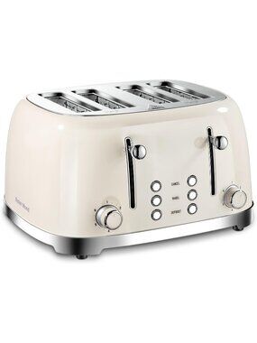 4 Slice Cream Retro Stainless Steel with Bagel Defrost Cancel Function Toaster
